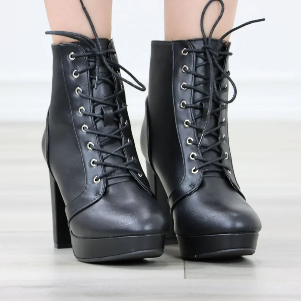 Black Ankle Boots Chunky Lug Block Heel Synthetic Leather Round Toe - Picture 2 of 12